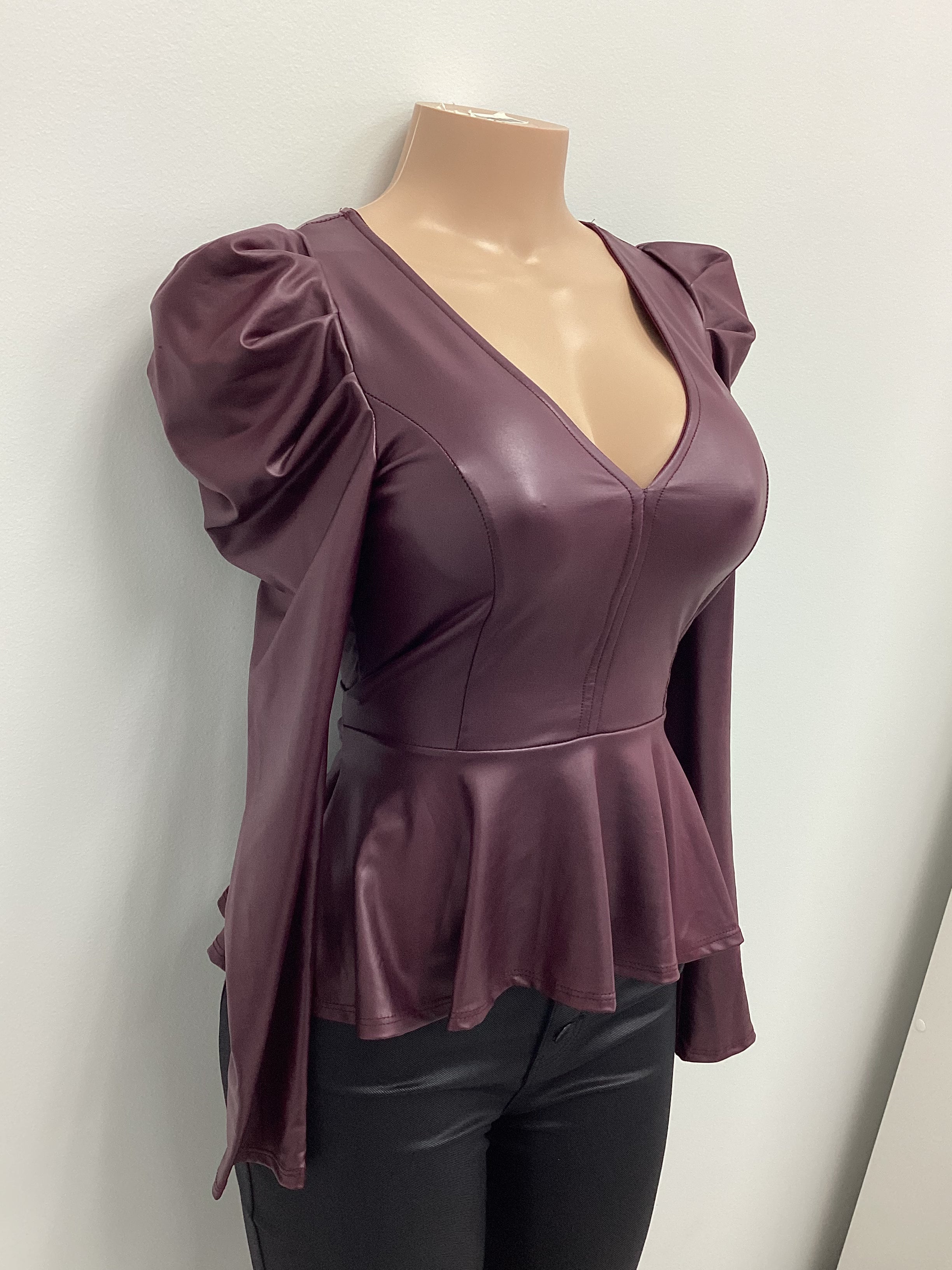 Faux Leather Plunge Neck Peplum Top - Closet Space