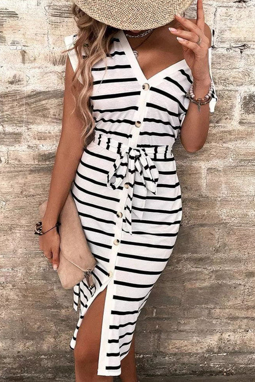 Stripped Button Down Slit Tie V-Neck Dress - Closet Space