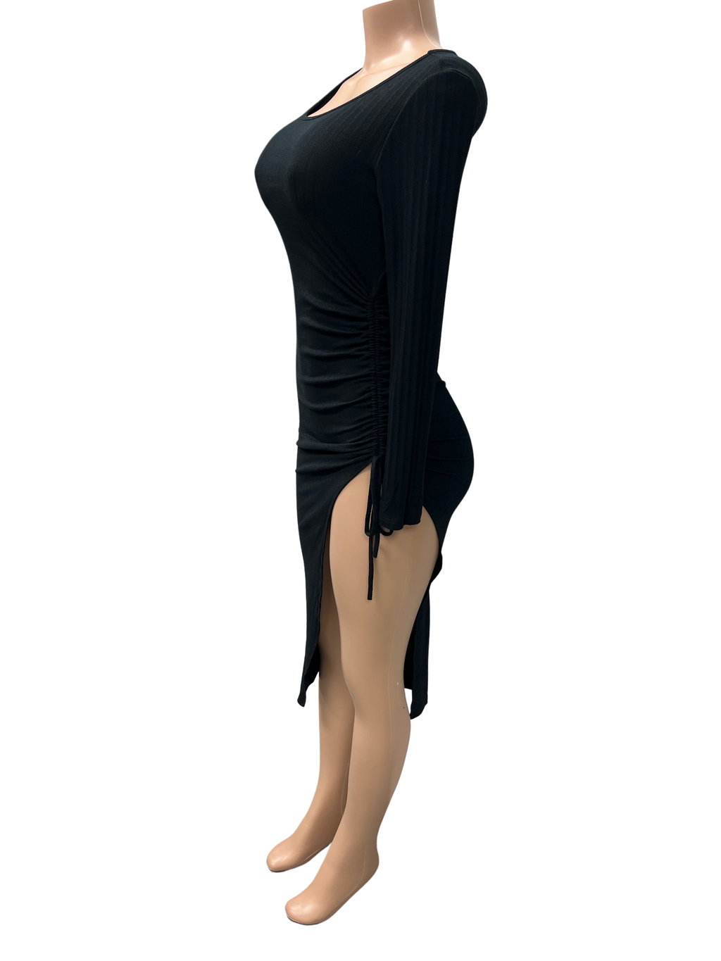 Round Neck Long Sleeve Dress with Side Ruched - Closet Space