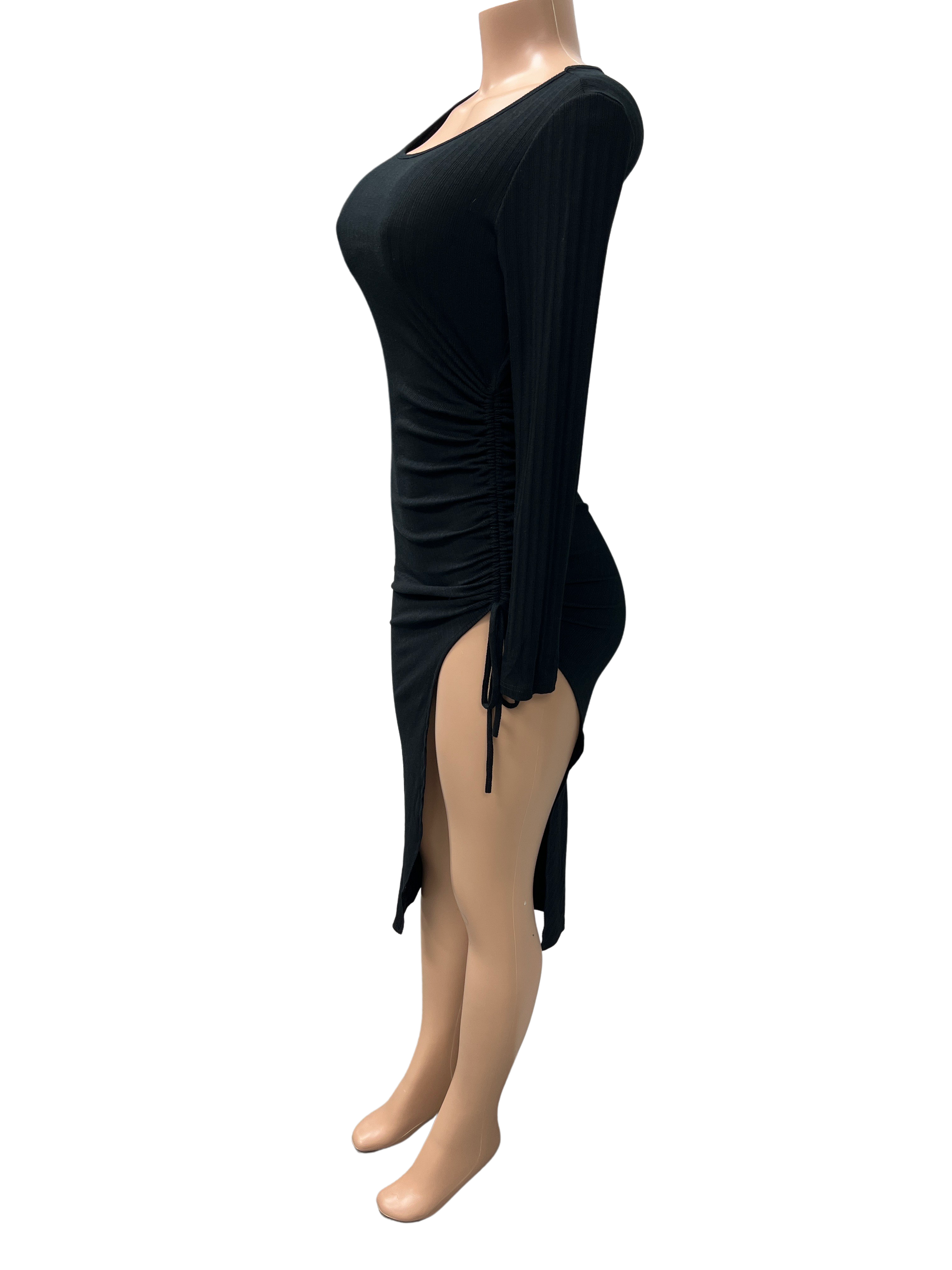 Round Neck Long Sleeve Dress with Side Ruched - Closet Space