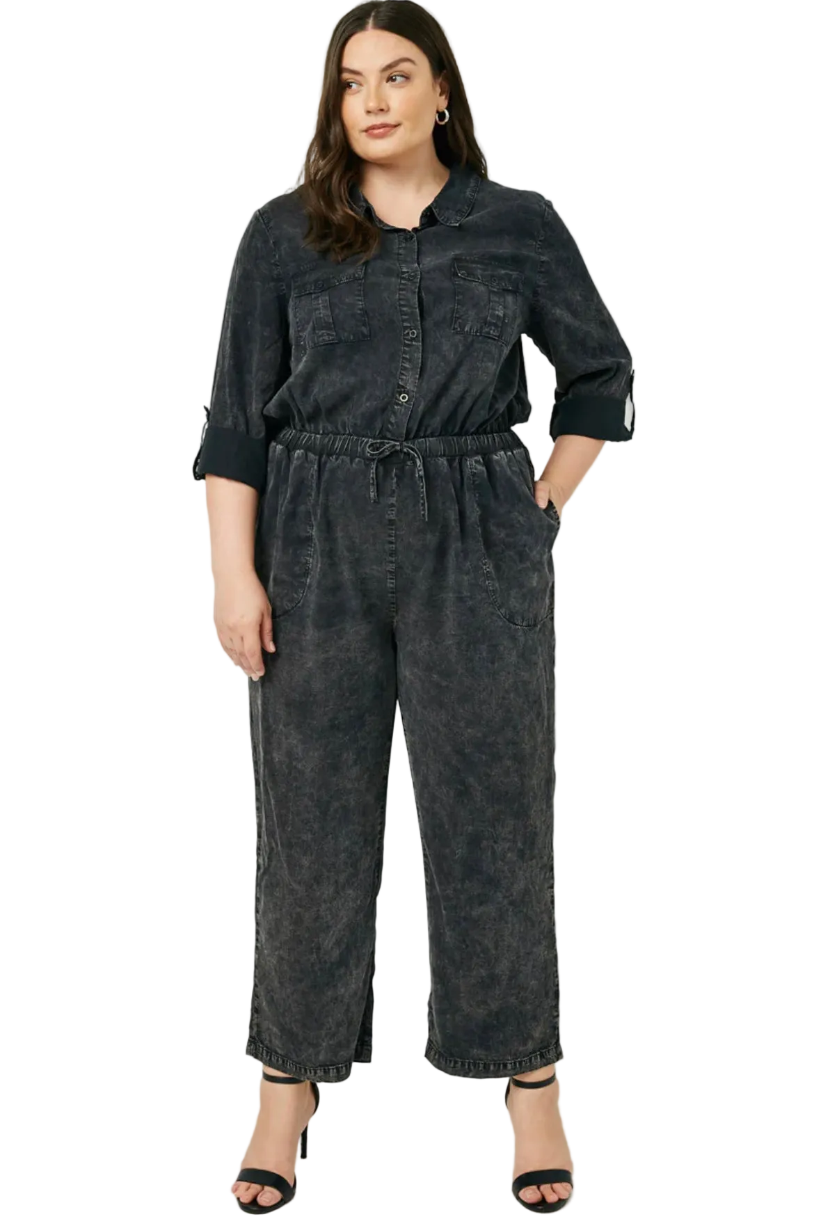 Curvy - Mineral Washed Button Down Jumpsuit