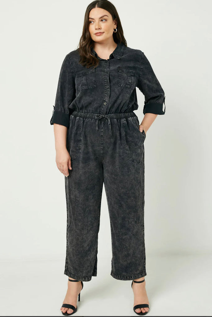 Curvy - Mineral Washed Button Down Jumpsuit - Closet Space