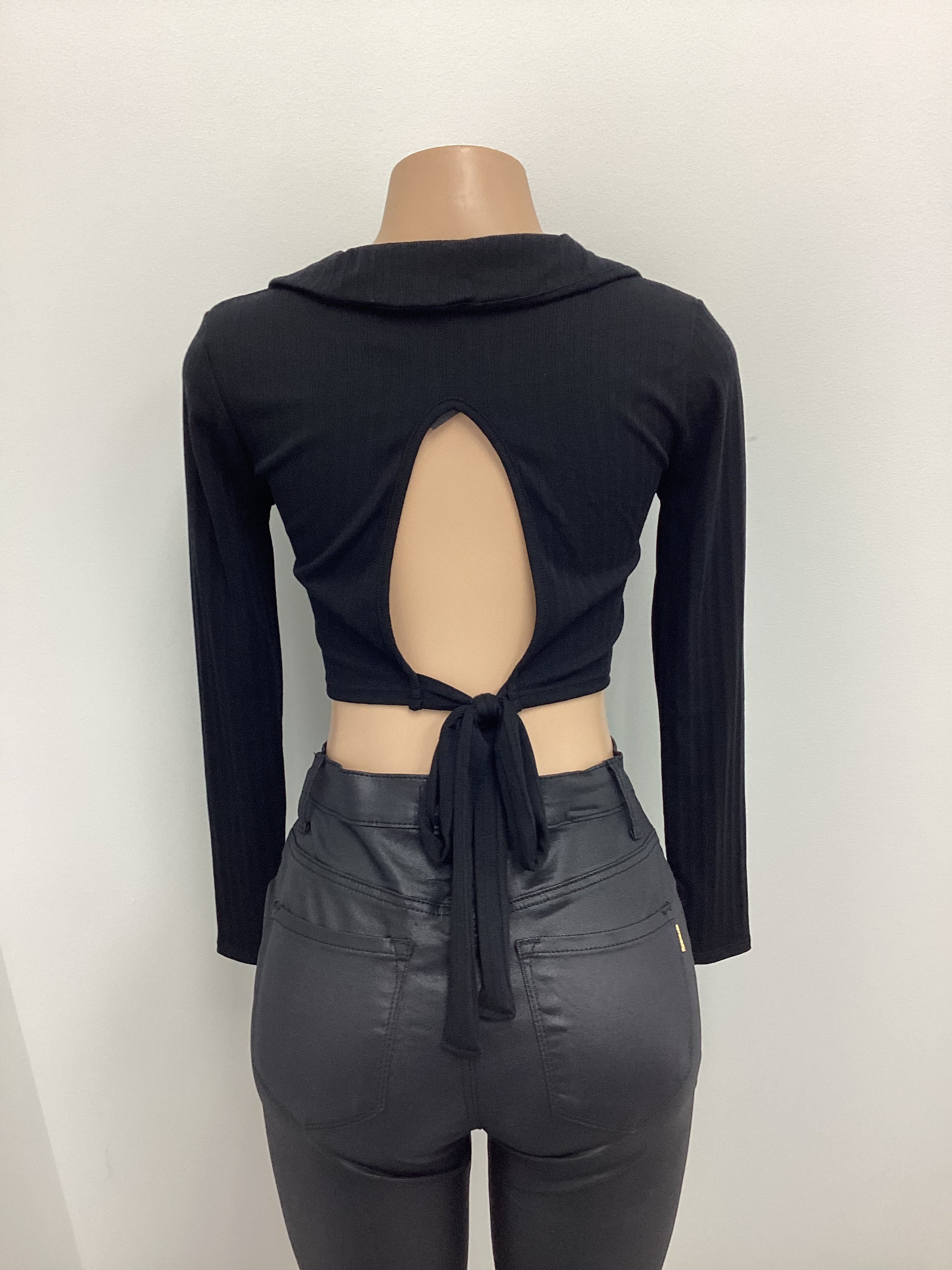 Ribbed Knit V Neck Collared Tie Back Crop - Closet Space