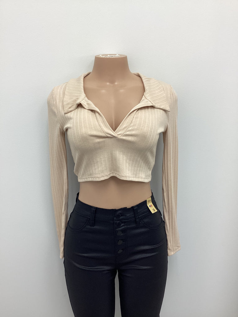 Ribbed Knit V Neck Collared Tie Back Crop - Closet Space