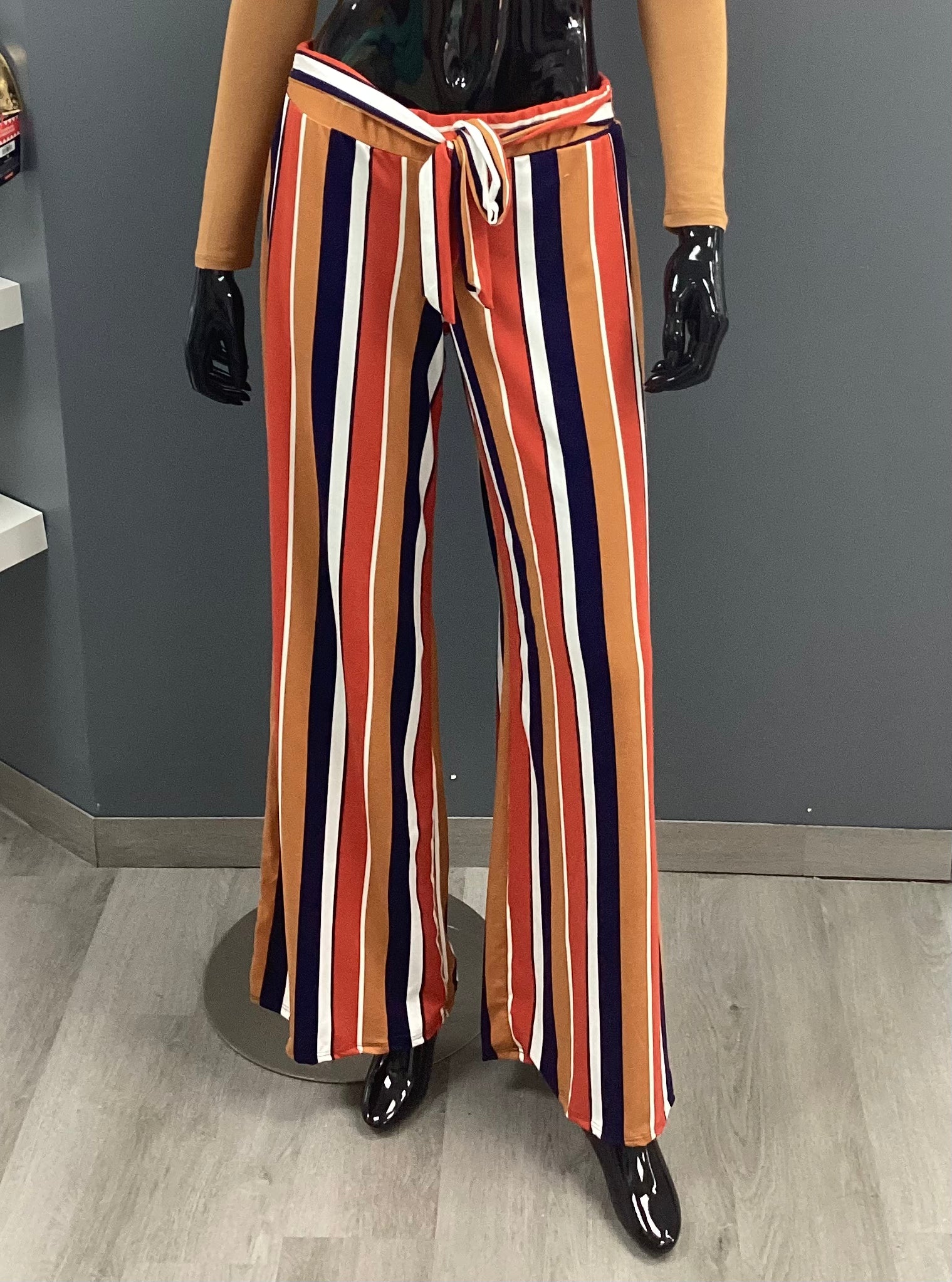 Striped Belted Wide-Legged Pants - Closet Space