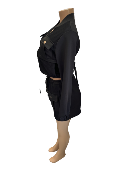 Mesh Overlay Crop Bomber Skirt Set - Closet Space