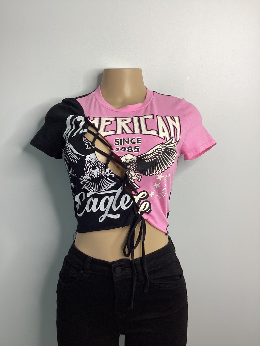 Color Block Open Front Cross Tie Screen Print Top - Closet Space