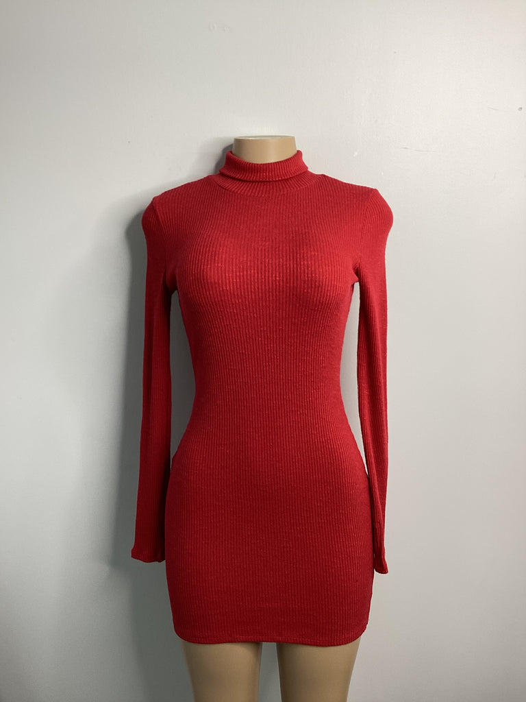 Mock Neck Rib Knit Bodycon Tunic Shirt Dress - Closet Space