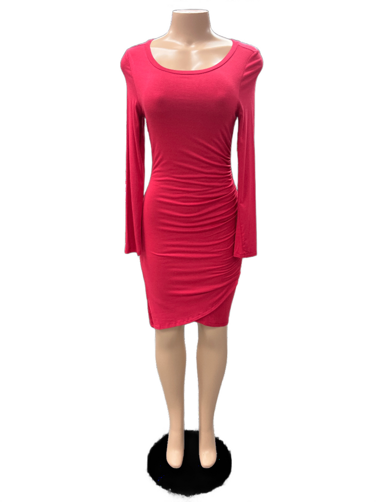 Long Sleeve Red Dress Ruched Side - Closet Space