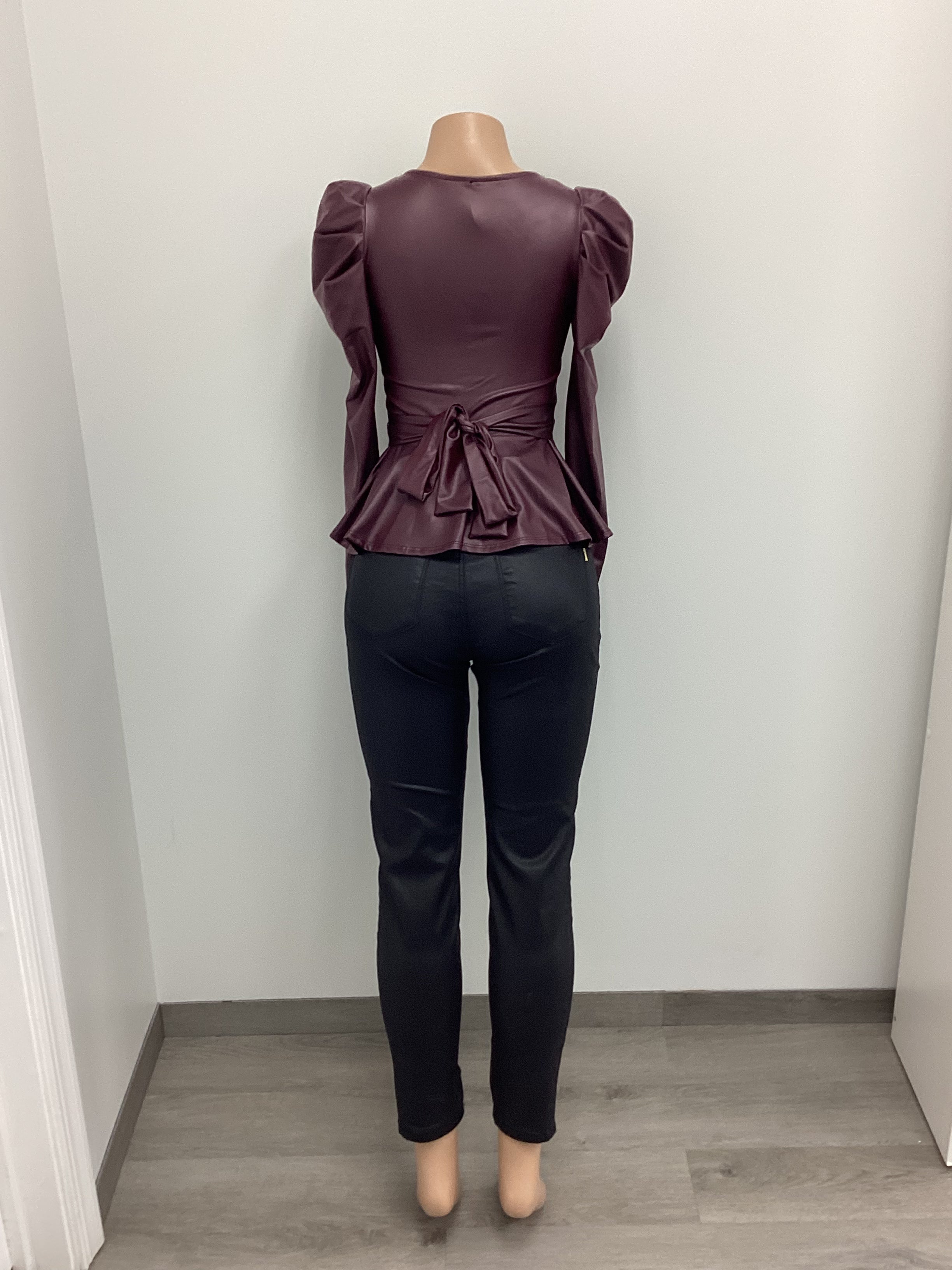 Faux Leather Plunge Neck Peplum Top - Closet Space
