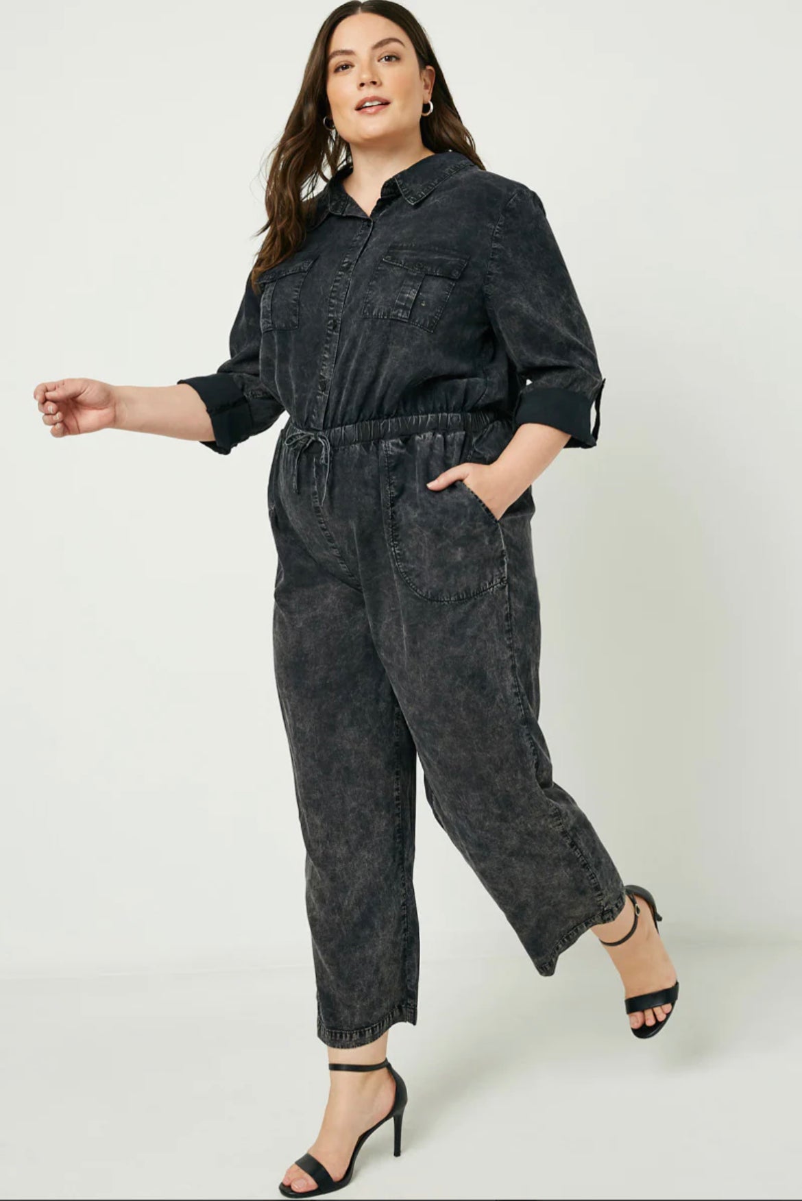 Curvy - Mineral Washed Button Down Jumpsuit - Closet Space