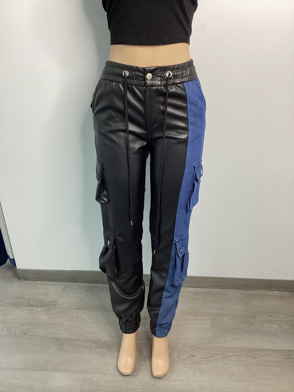 Elastic Waist Leather Denim Split Cargo Jogger Pant - Closet Space