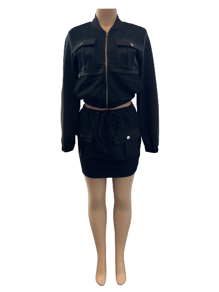 Mesh Overlay Crop Bomber Skirt Set - Closet Space