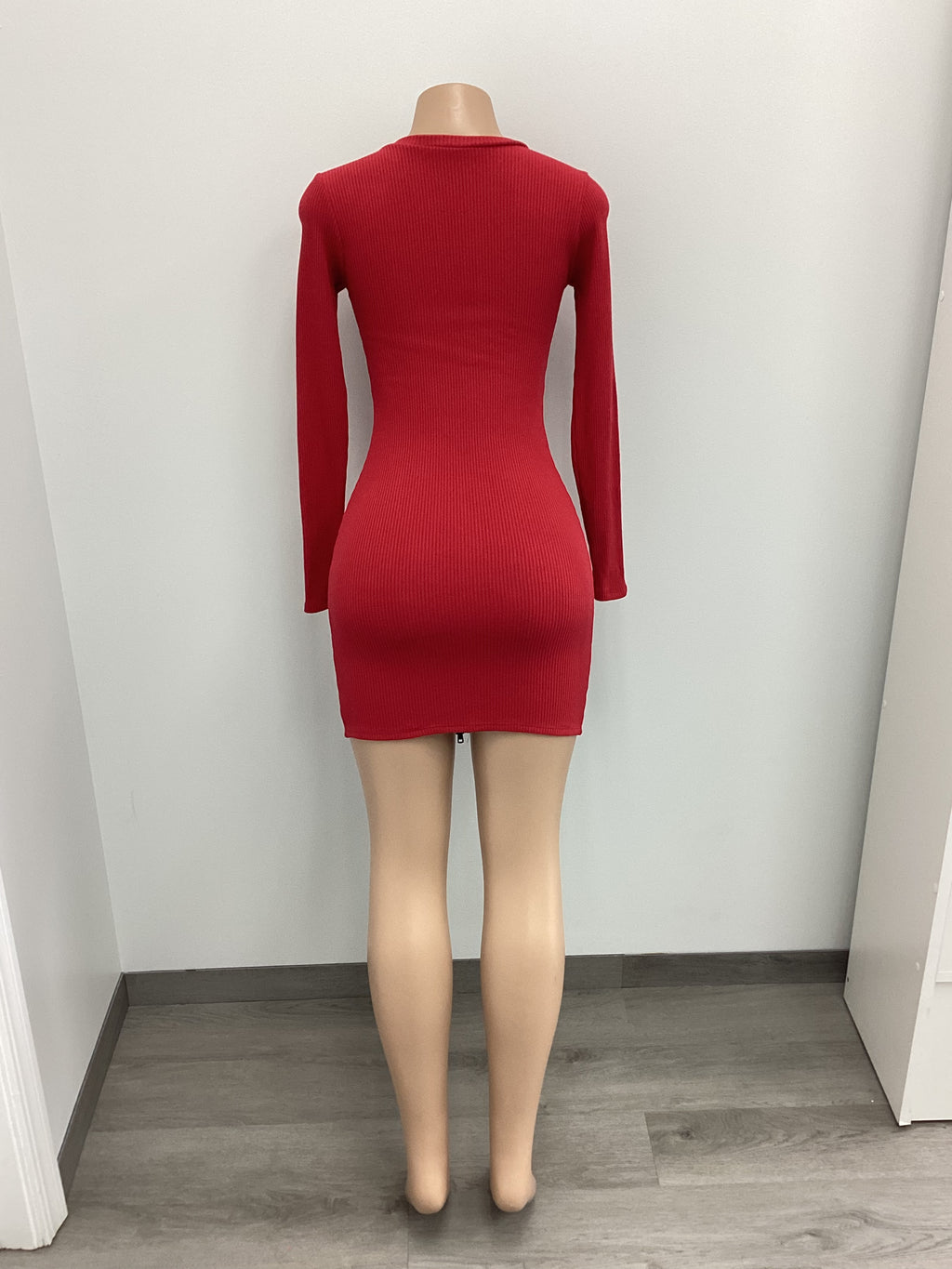 Ribbed Center Front Zipper Long Sleeve Dress - Closet Space