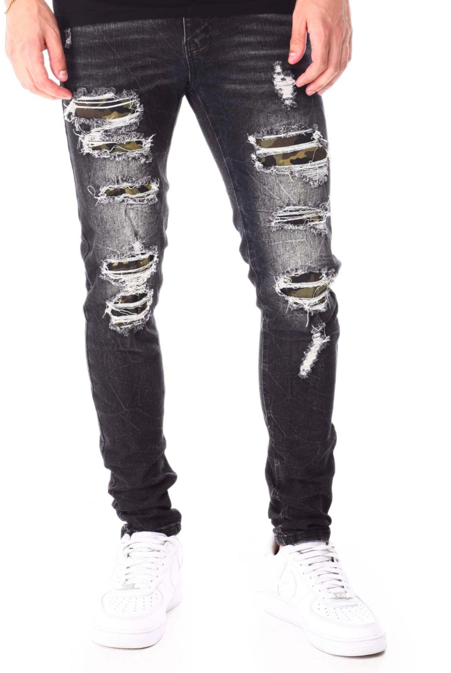 Camo Backing Distressed Denim Pants - Closet Space