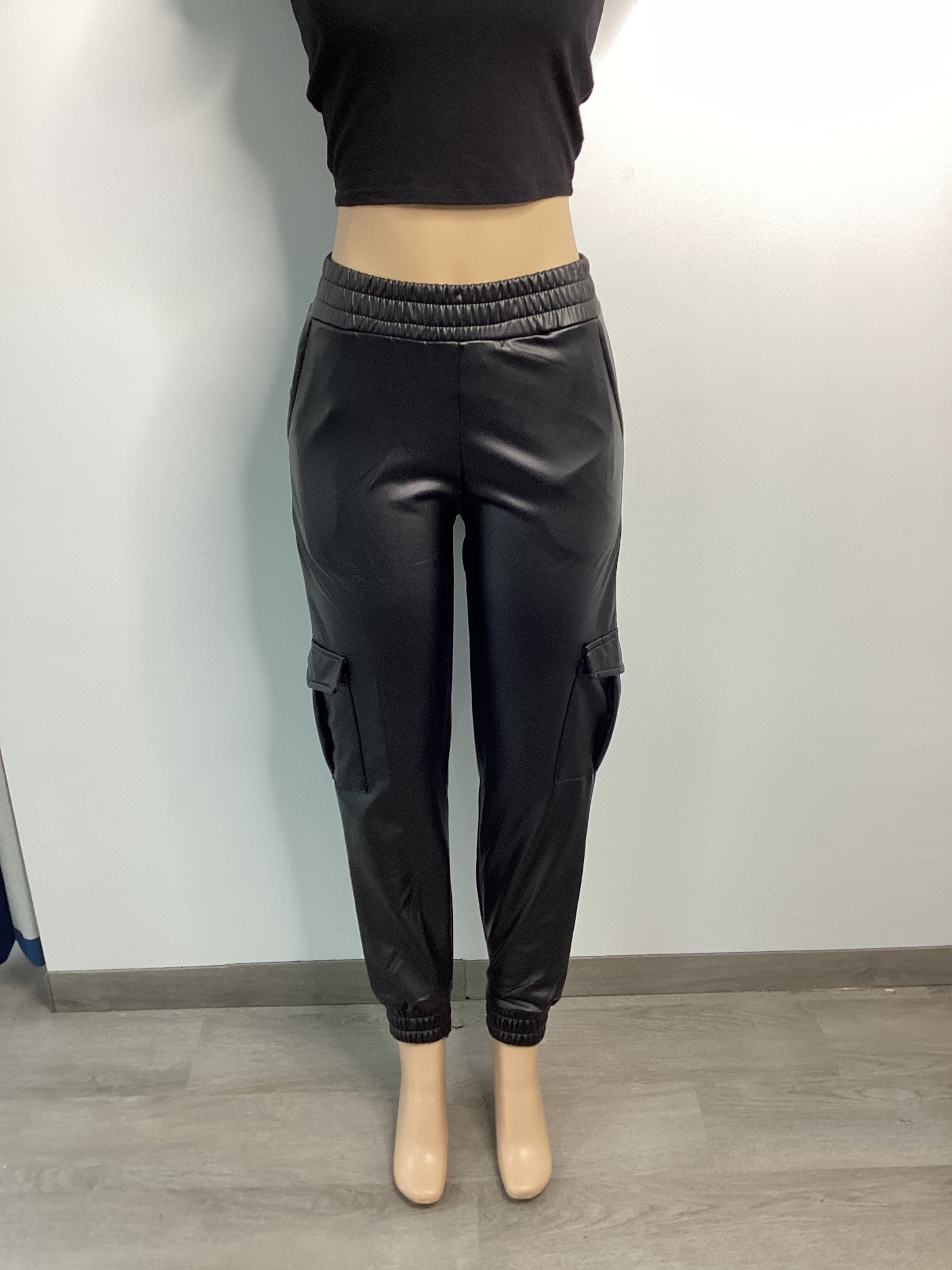 Faux Leather Elastic Waist Cargo Jogger - Closet Space