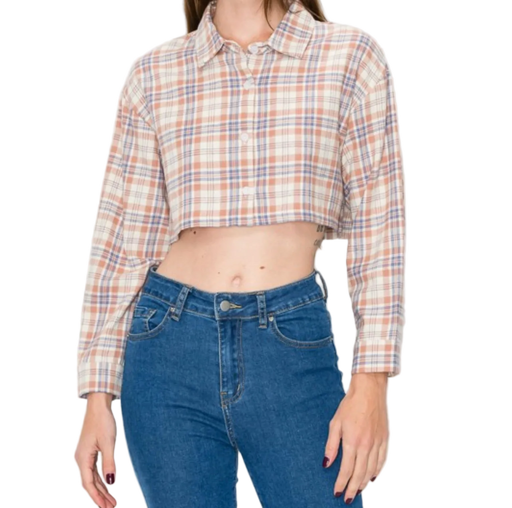 Plaid Crop Long Sleeve Boxy Button Down Shirt