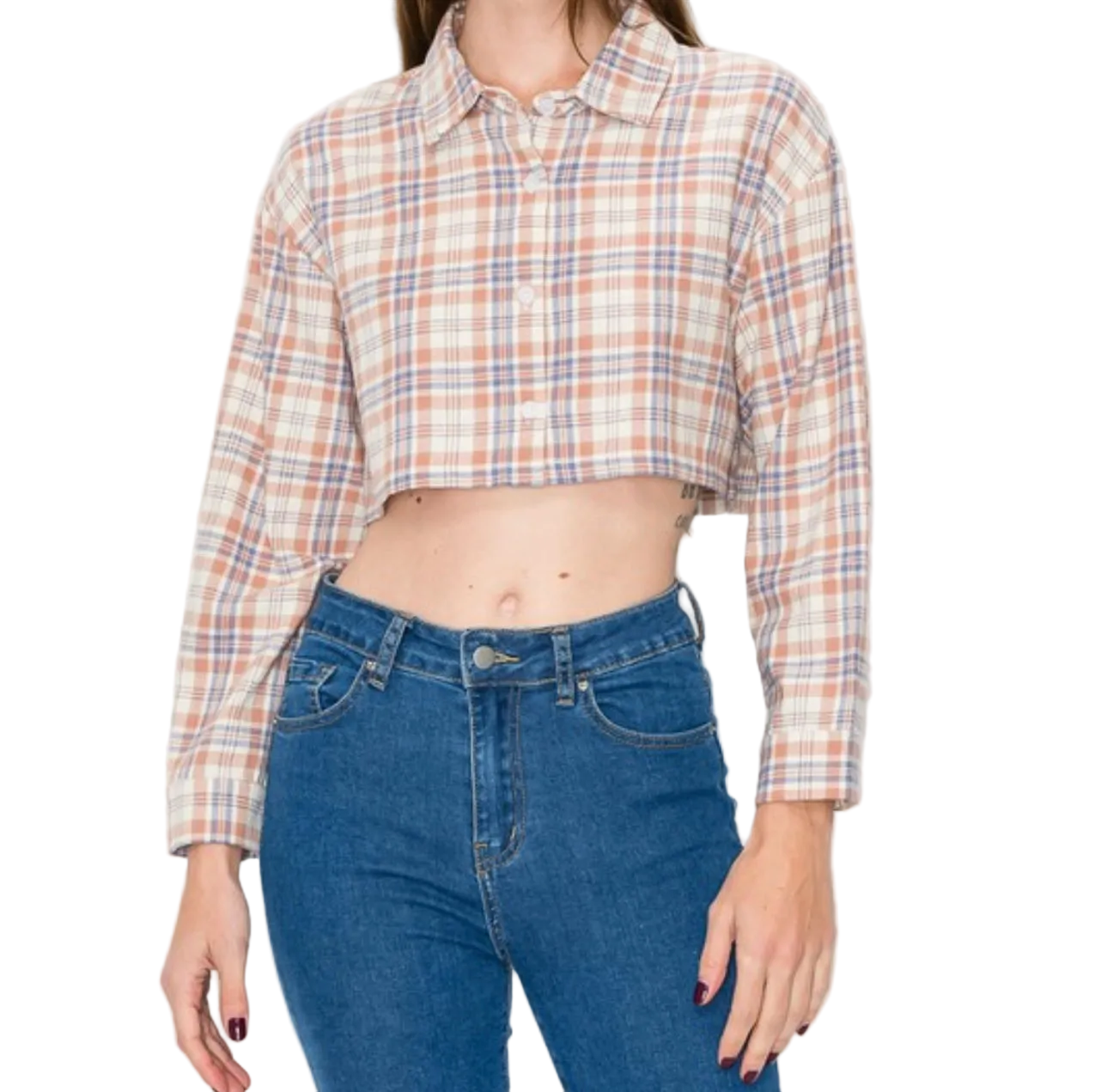 Plaid Crop Long Sleeve Boxy Button Down Shirt