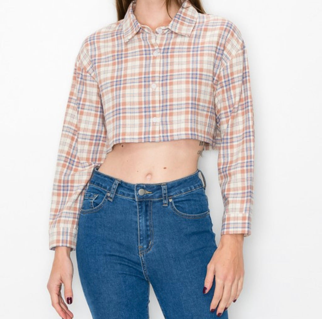 Plaid Crop Long Sleeve Boxy Button Down Shirt - Closet Space