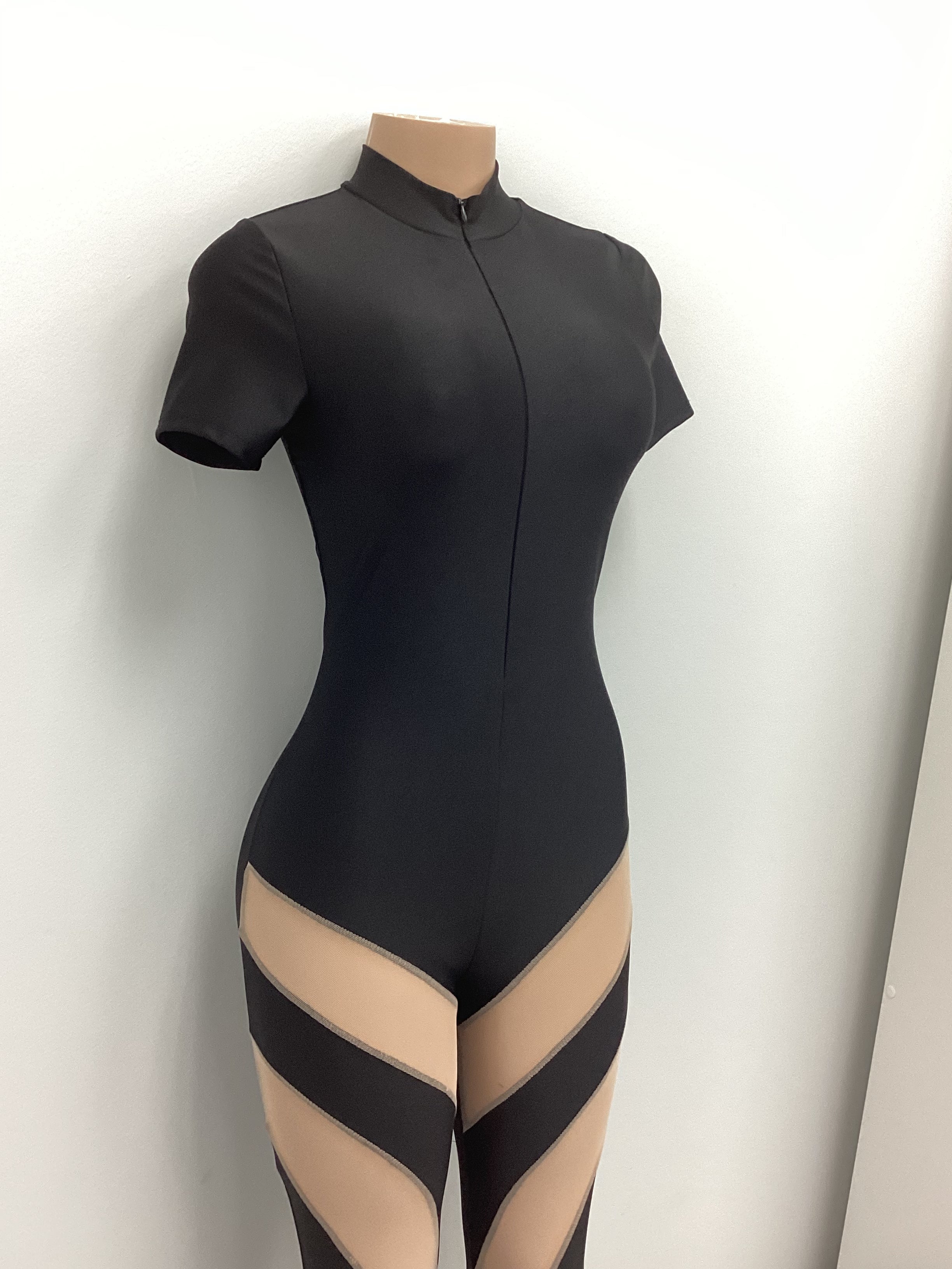 Mesh Color Block Footed Jumpsuit - Closet Space