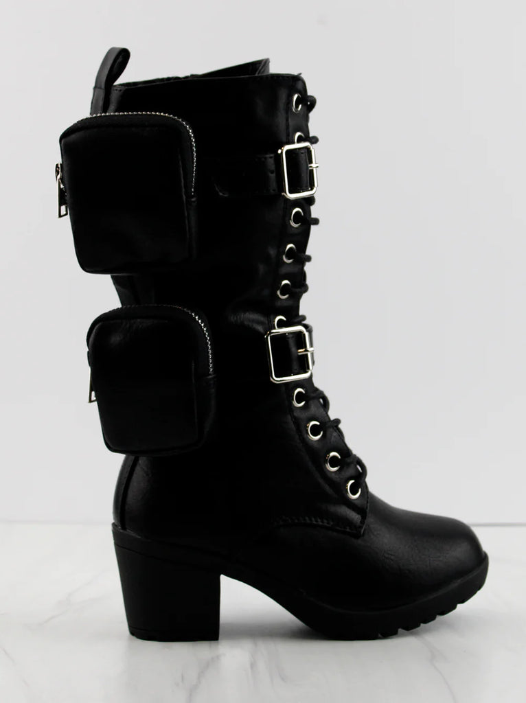 Pouch Accented Combat Boot - Black - Closet Space