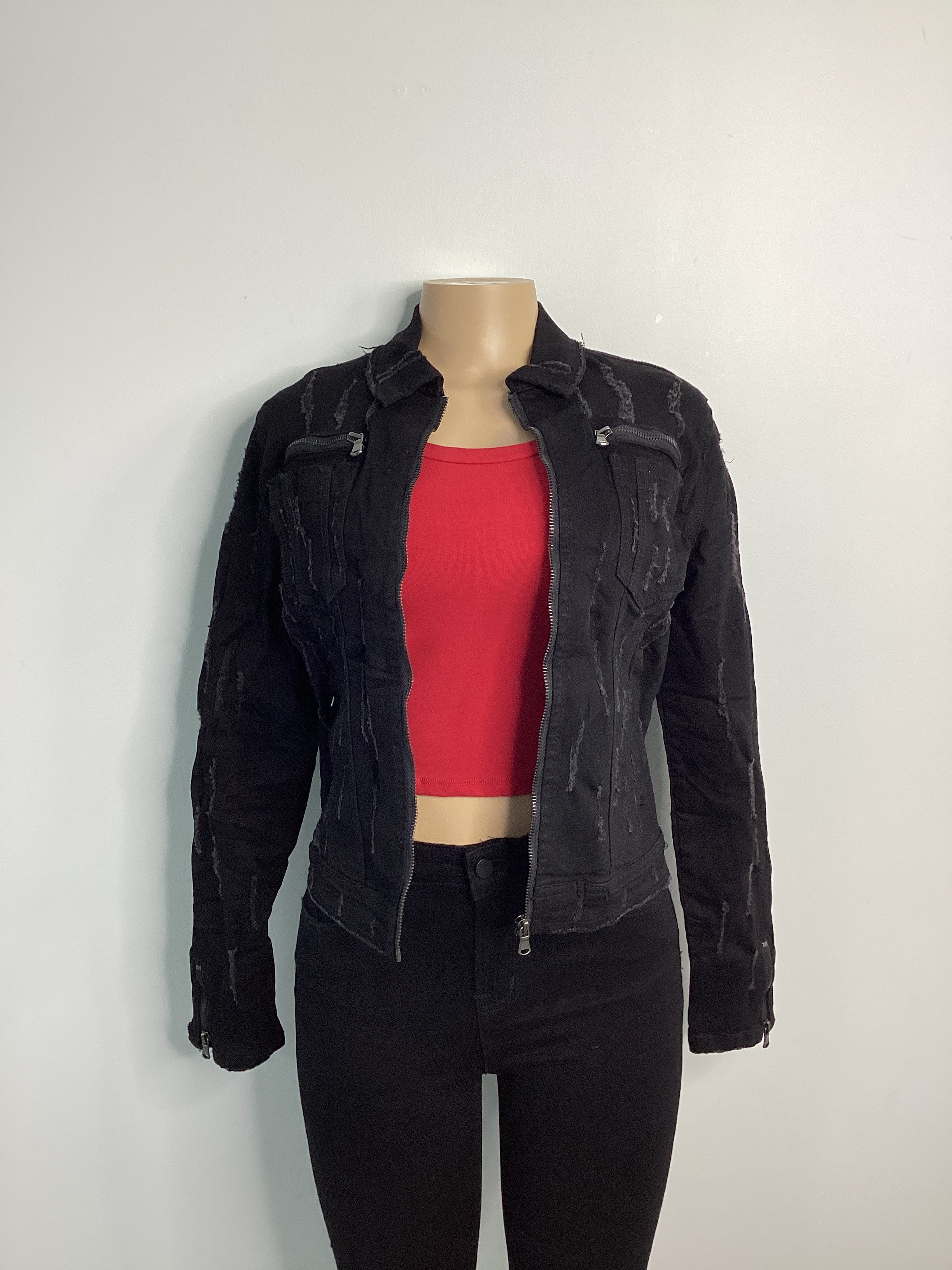 Zipper Detailed Distressed Denim Jacket - Closet Space