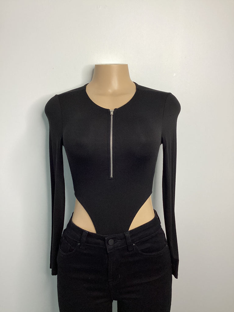 Rayon Span Double Layer Zip Up Long Sleeve Bodysuit - Closet Space