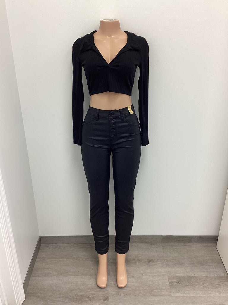 Ribbed Knit V Neck Collared Tie Back Crop - Closet Space