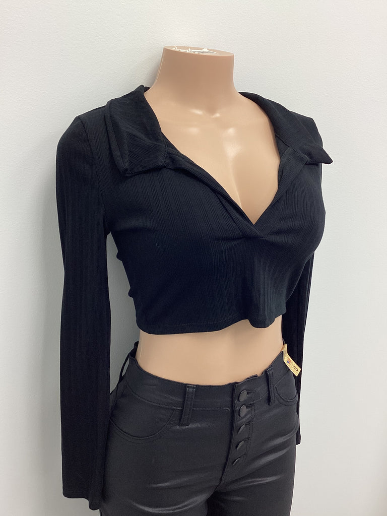 Ribbed Knit V Neck Collared Tie Back Crop - Closet Space