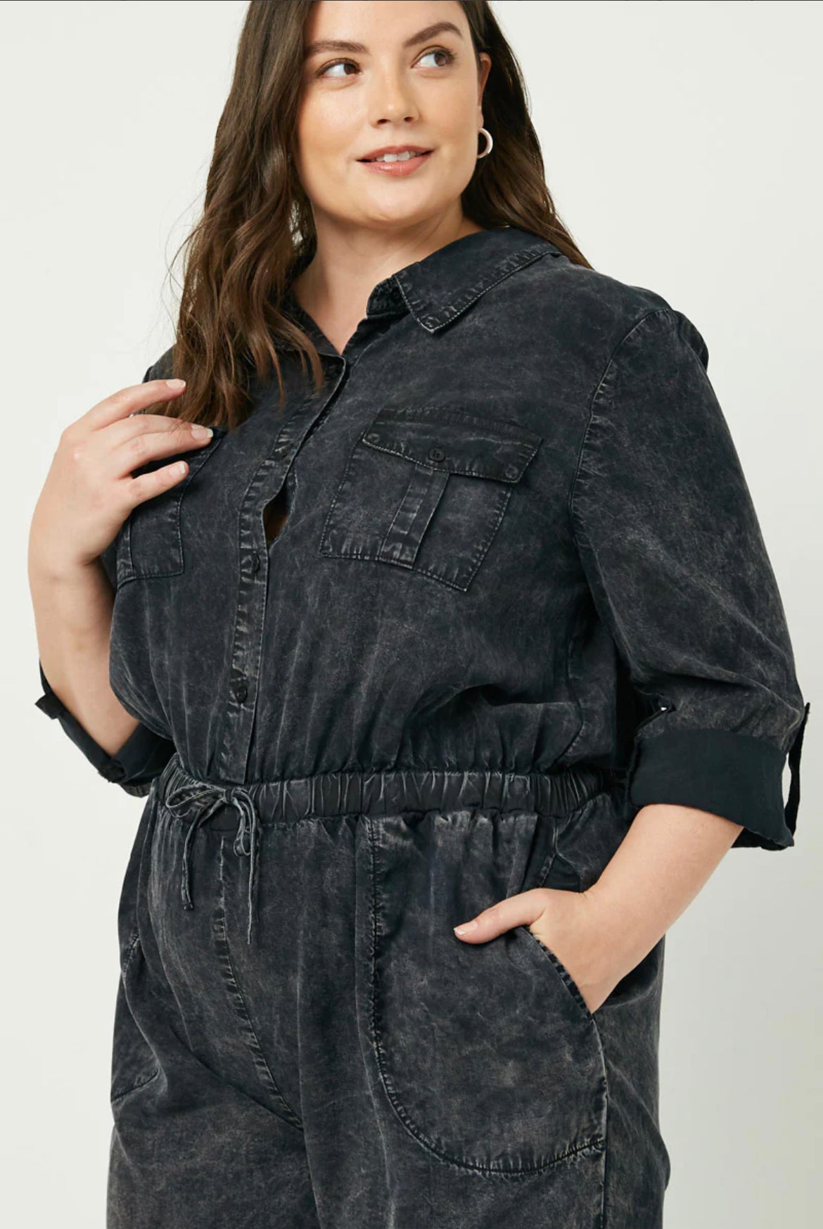 Curvy - Mineral Washed Button Down Jumpsuit - Closet Space