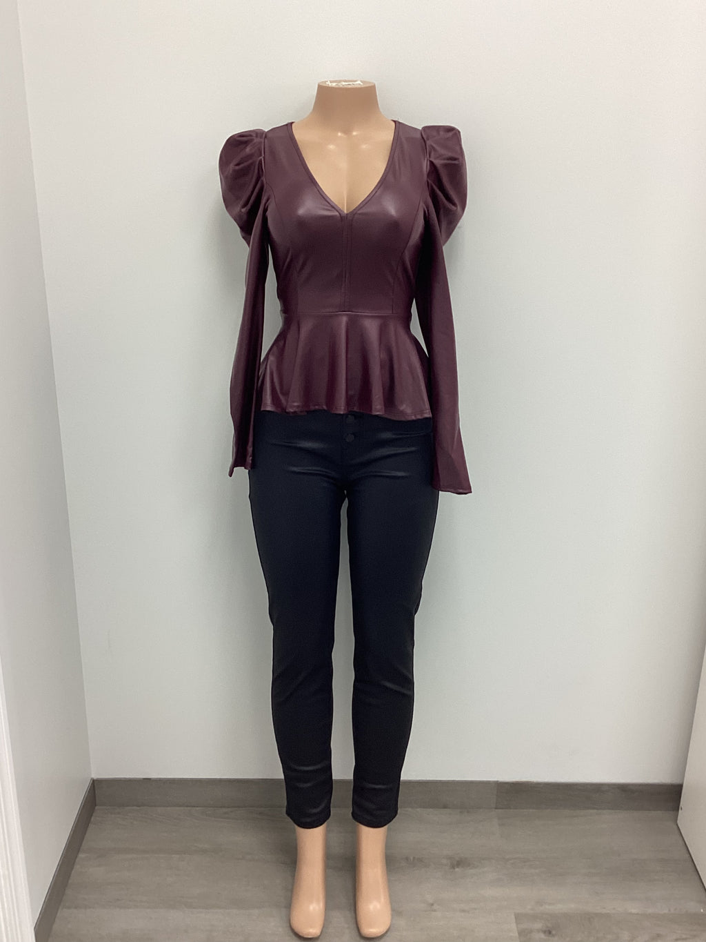 Faux Leather Plunge Neck Peplum Top - Closet Space