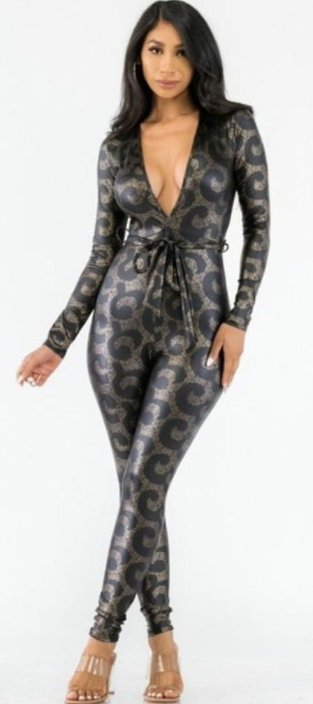 Curvy - Printed Deep V-neck Liquid Leather Jumpsuit - Closet Space