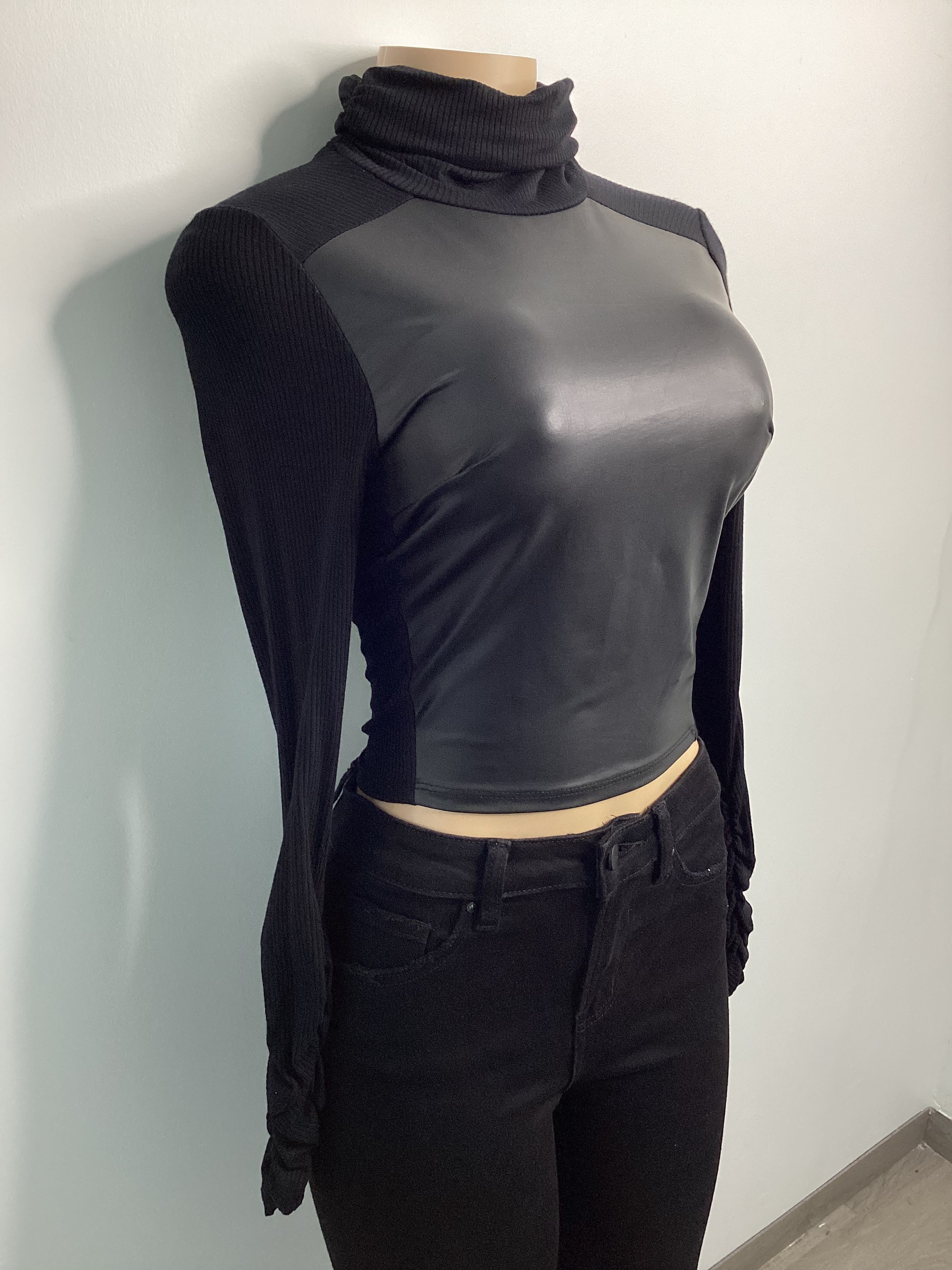 Ribbed Knit Stretch Liquid Leather Turtleneck - Closet Space