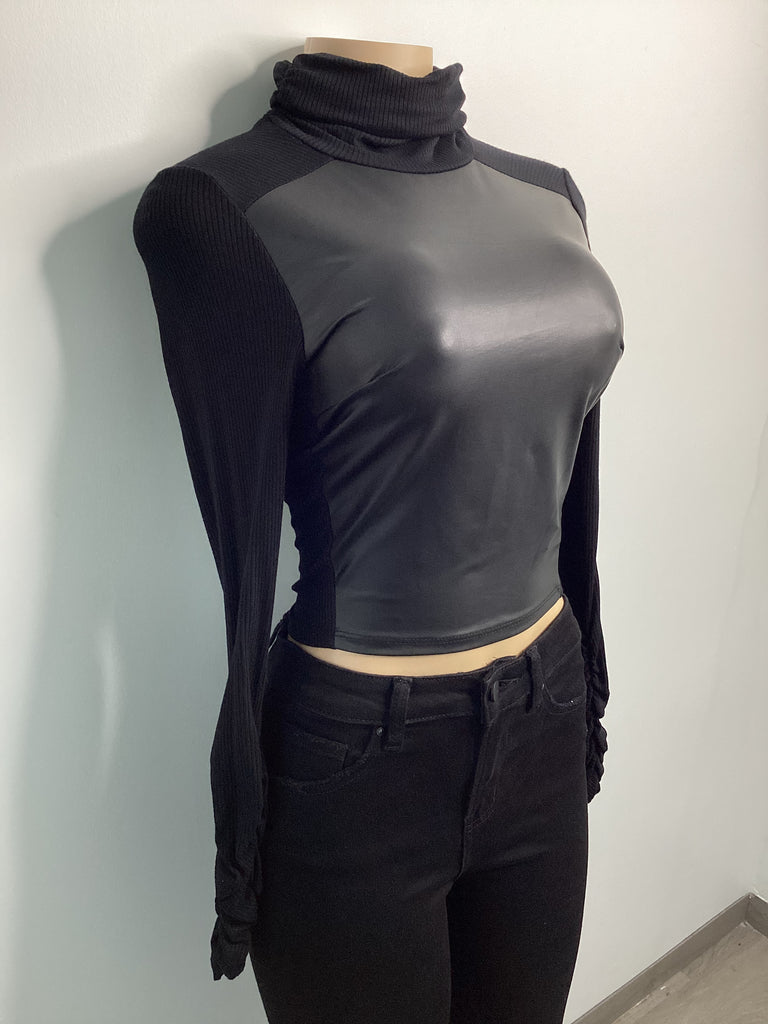 Ribbed Knit Stretch Liquid Leather Turtleneck - Closet Space