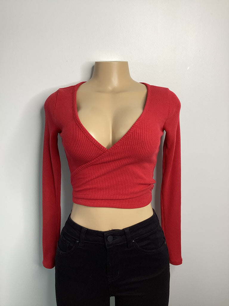 Ribbed Surplus Tie Long Sleeve Top - Closet Space