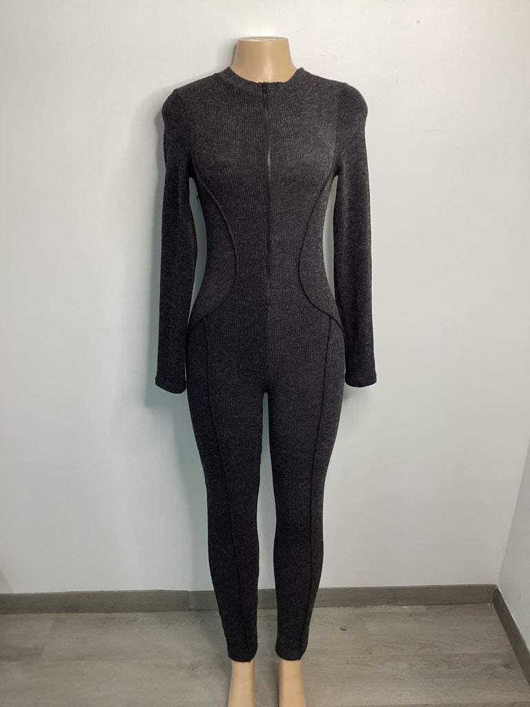 Mock Neck Zipper Rib Jumpsuit - Closet Space