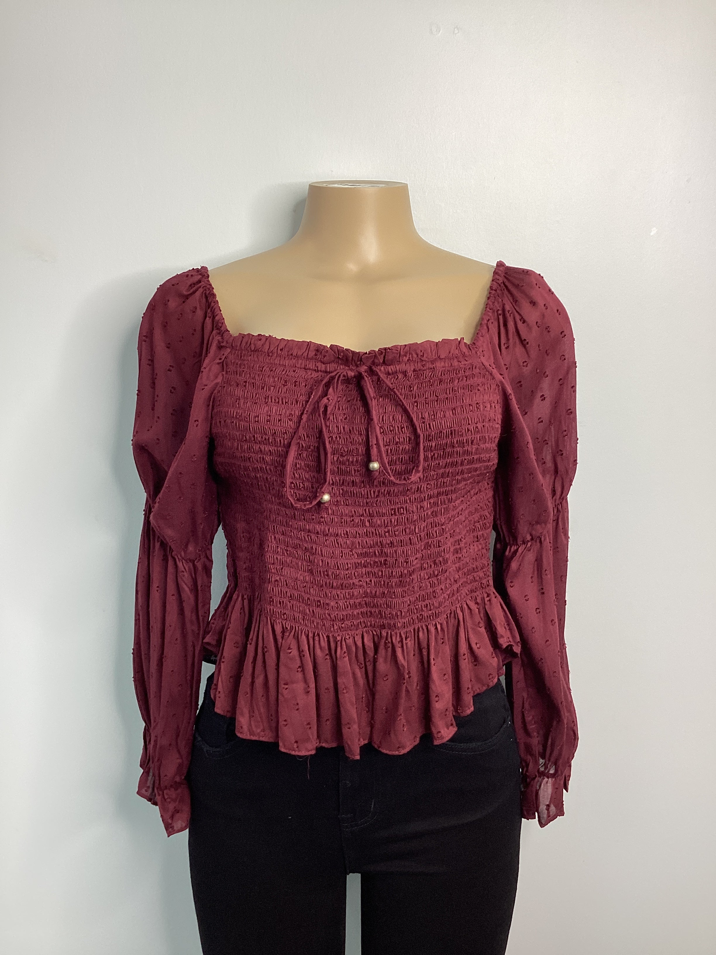 Smocked Bodice Long Sleeve w/ Elastic Elbow Top - Closet Space