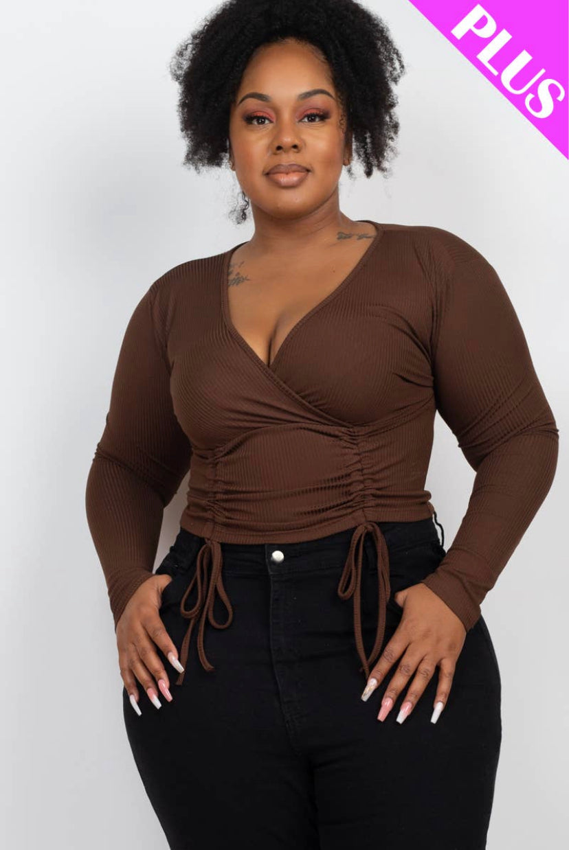 Curvy - Brown Long Sleeve Ribbed Front Tie Top - Closet Space