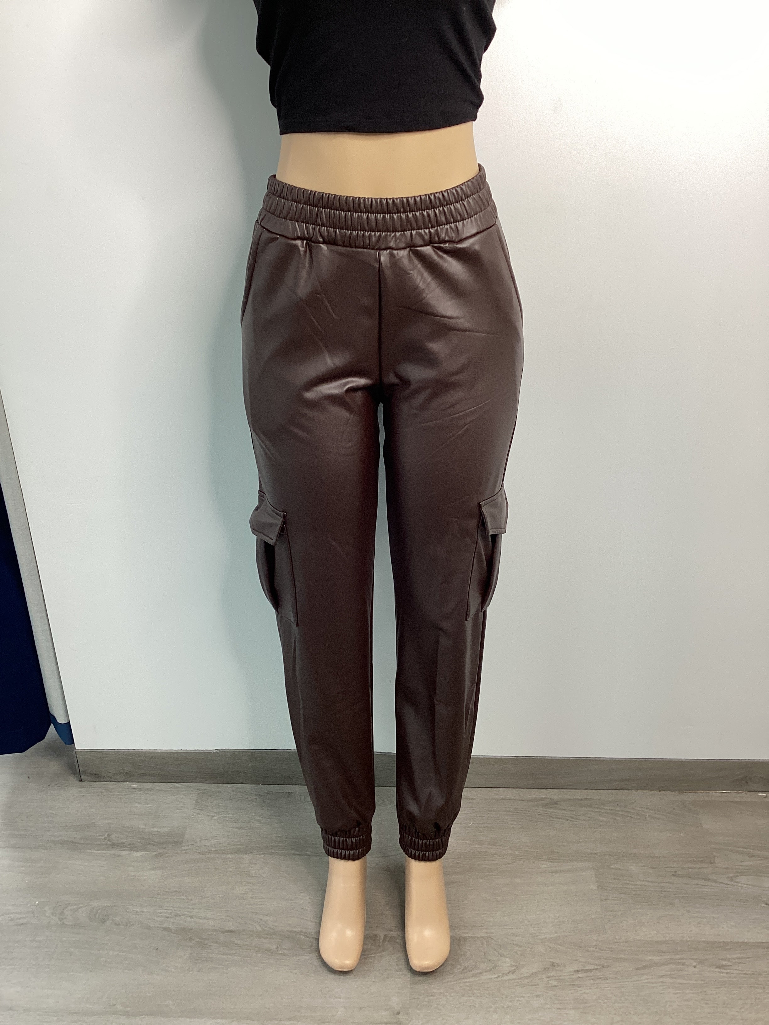 Faux Leather Elastic Waist Cargo Jogger - Closet Space