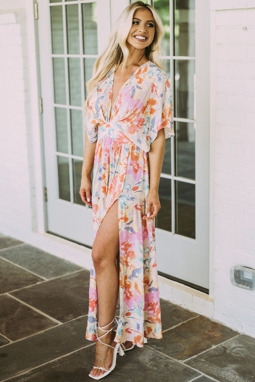 Multi-Color Tropical Floral Print Maxi Dress - Closet Space
