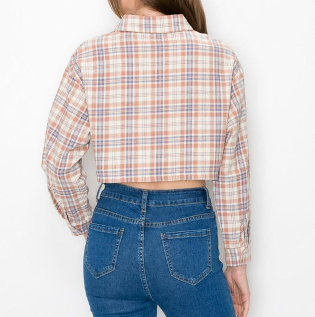 Plaid Crop Long Sleeve Boxy Button Down Shirt - Closet Space