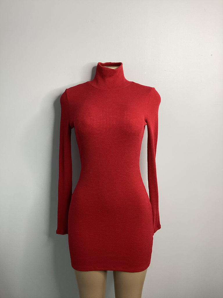 Mock Neck Rib Knit Bodycon Tunic Shirt Dress - Closet Space