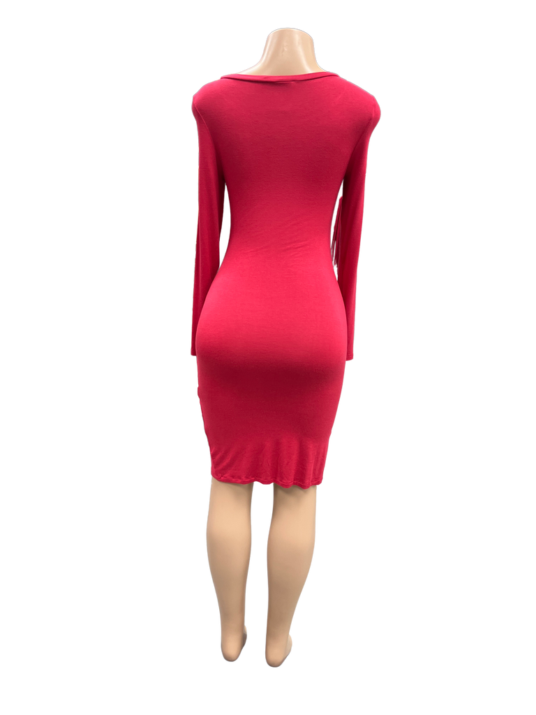 Long Sleeve Red Dress Ruched Side - Closet Space