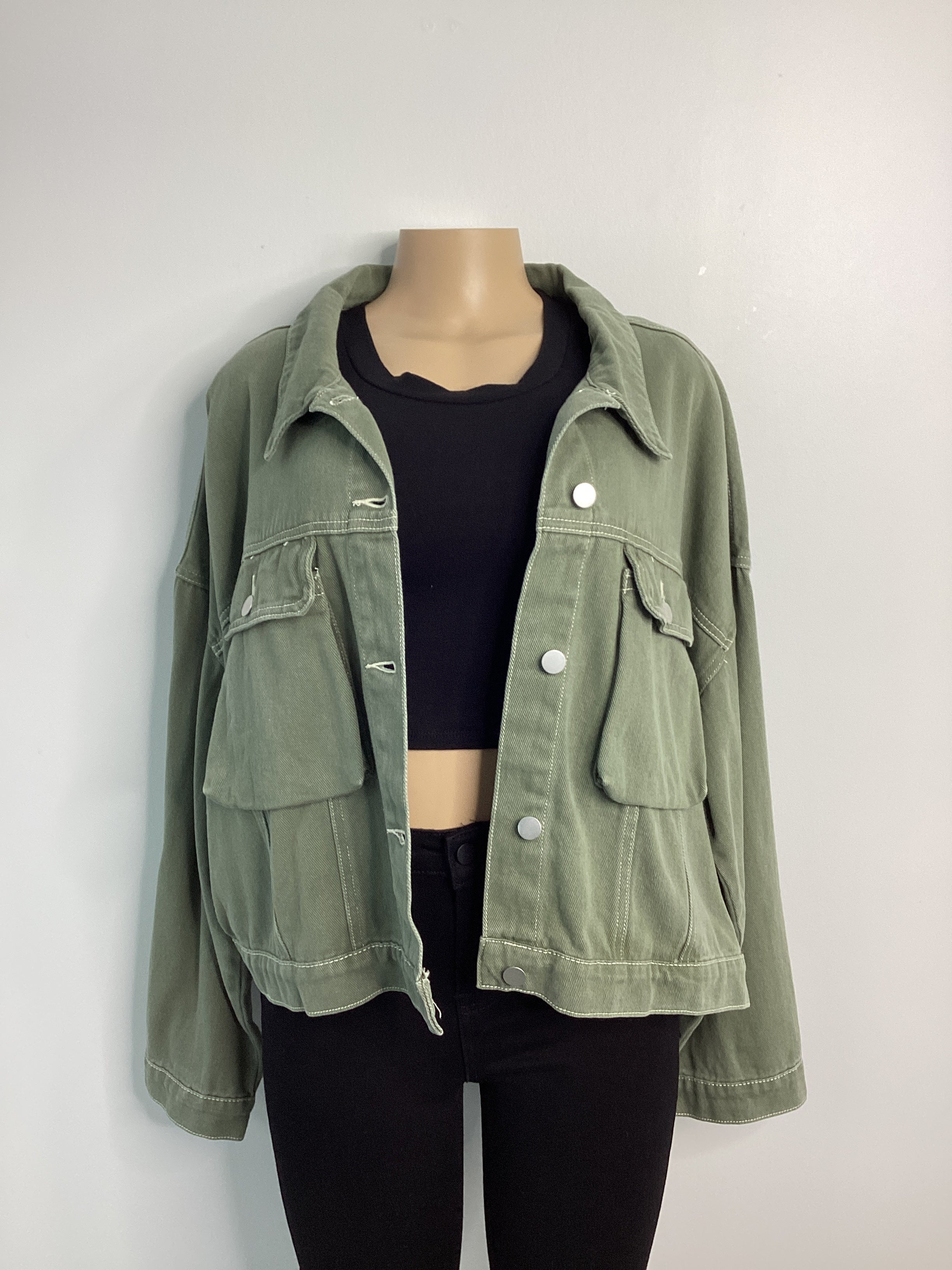 Curvy - Canvas Front Pocket Button Closure Jacket - Closet Space