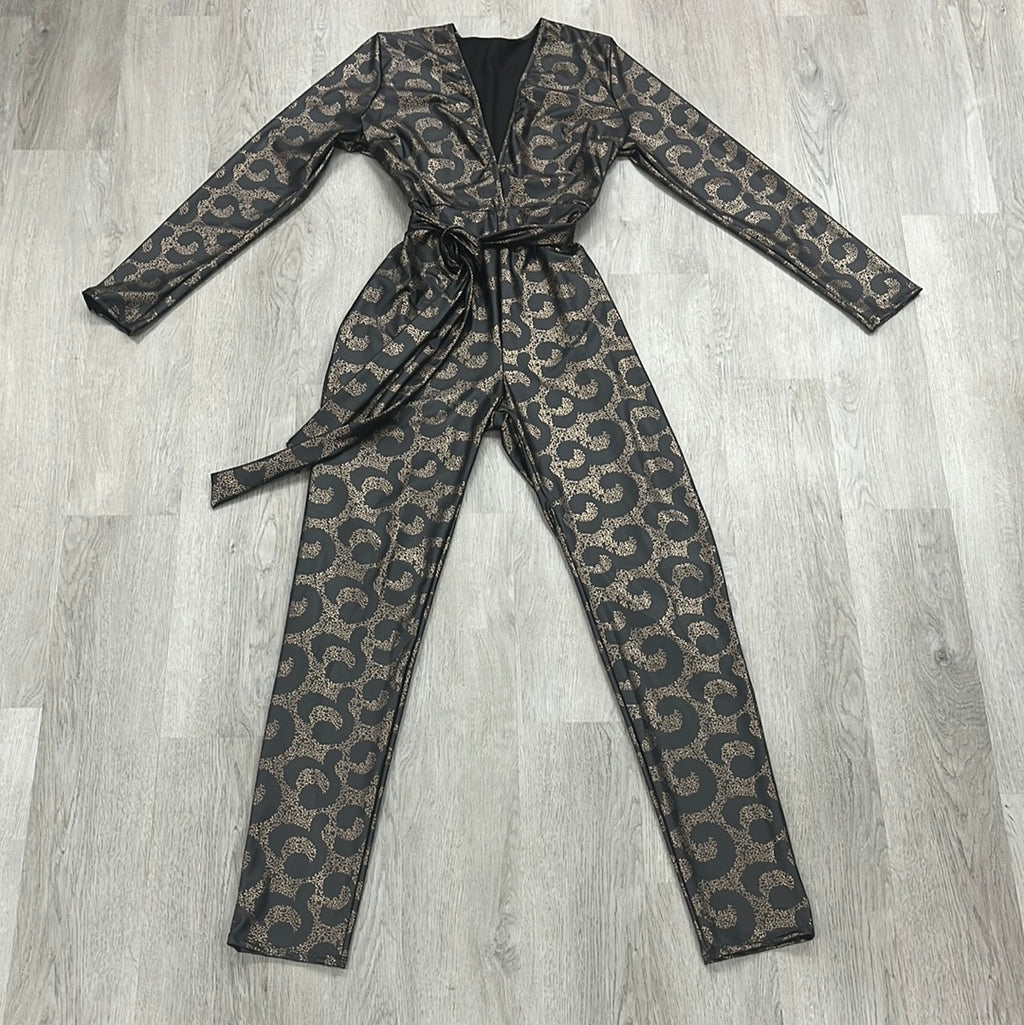 Curvy - Printed Deep V-neck Liquid Leather Jumpsuit - Closet Space