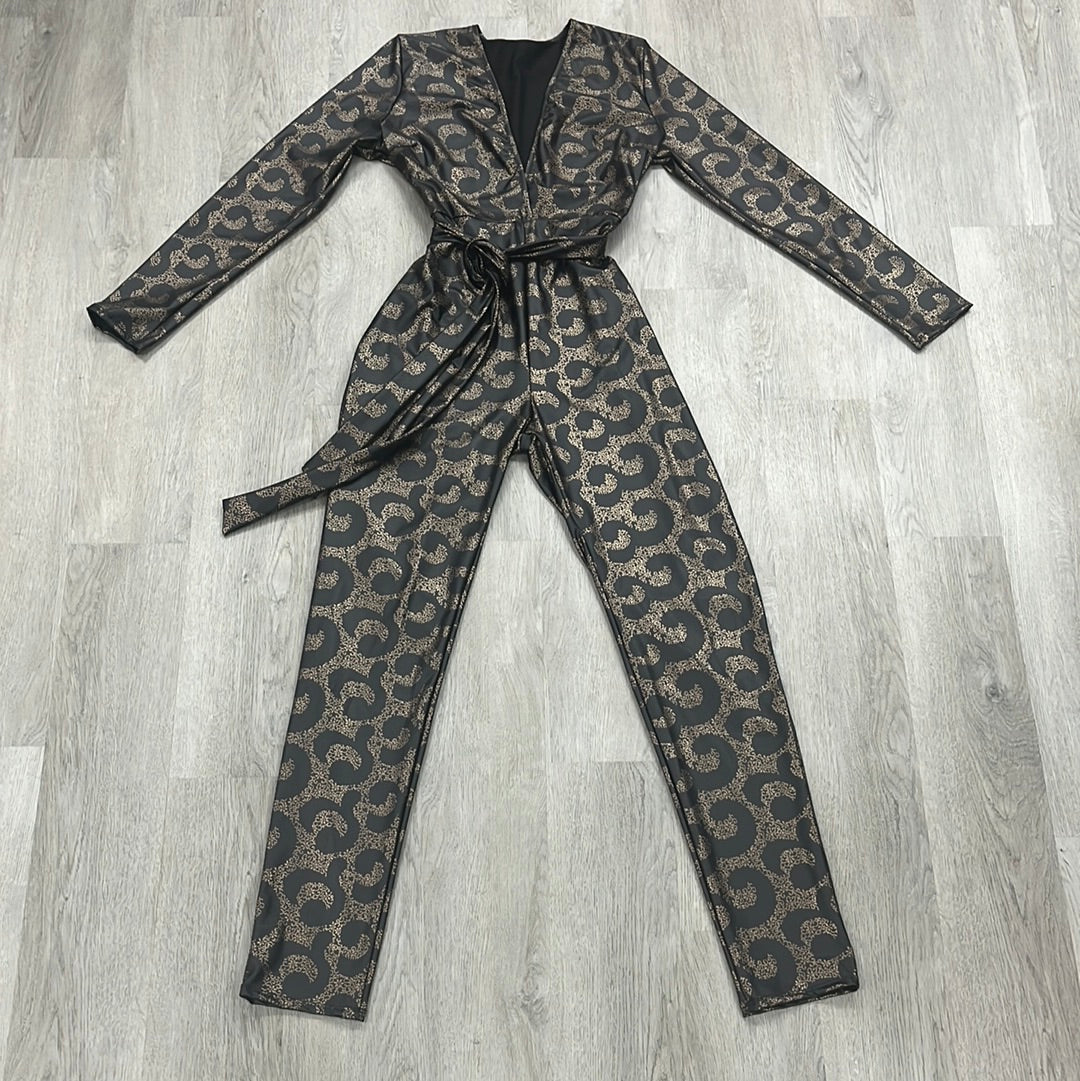Curvy - Printed Deep V-neck Liquid Leather Jumpsuit - Closet Space