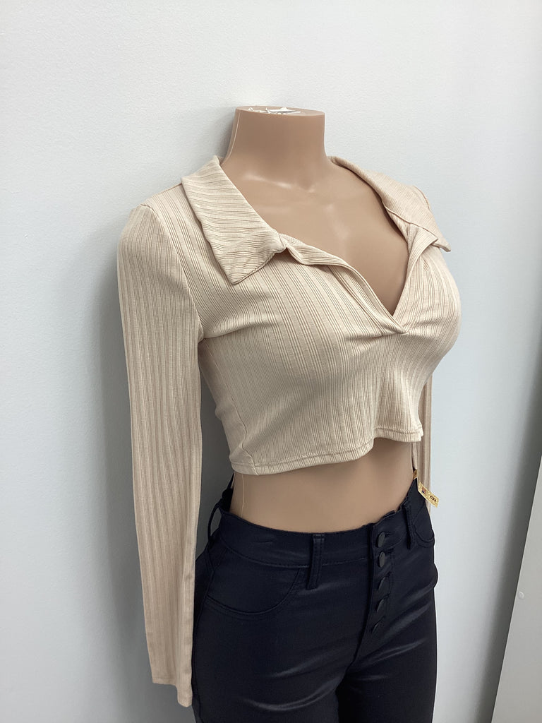 Ribbed Knit V Neck Collared Tie Back Crop - Closet Space