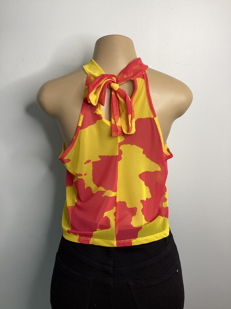 Print Halter Neck Back Tie Sleeveless Top - Closet Space