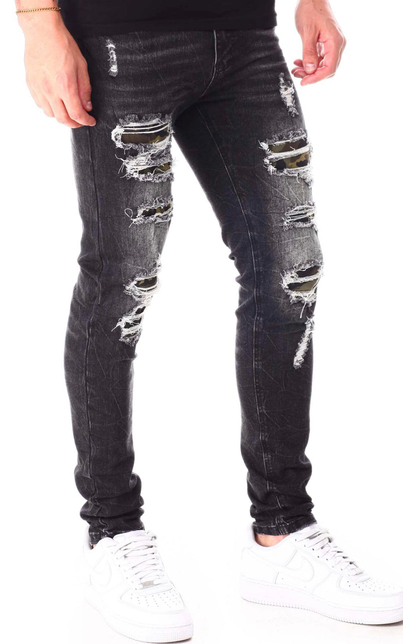 Camo Backing Distressed Denim Pants - Closet Space