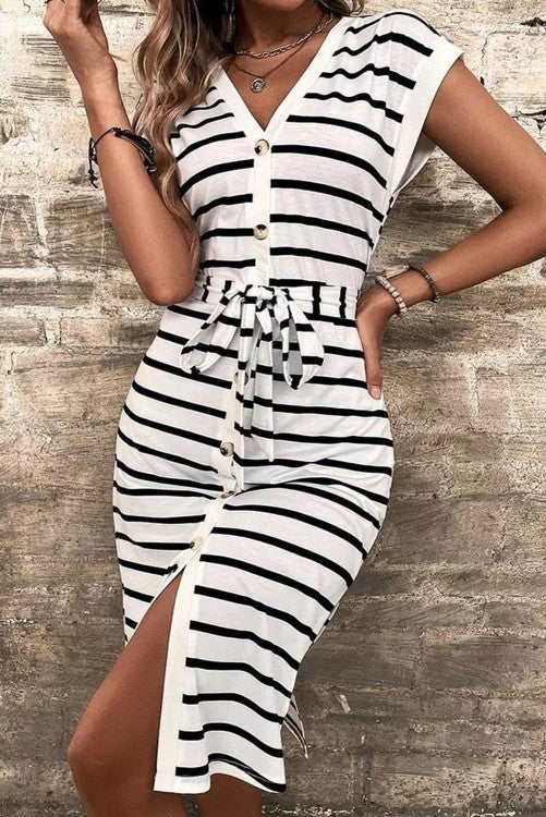 Stripped Button Down Slit Tie V-Neck Dress - Closet Space